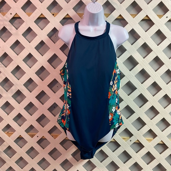 Denim & Co. Beach H-Back Halter Print Blocked One Piece Swimsuit Mallard Blue - Picture 2 of 7